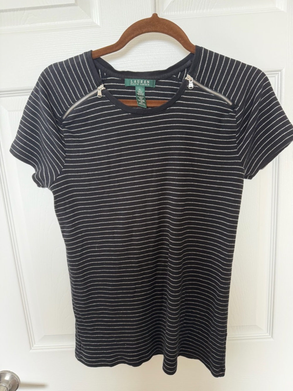 Ralph Lauren Black and White Striped Short-Sleeve Tee with Shoulder Zips